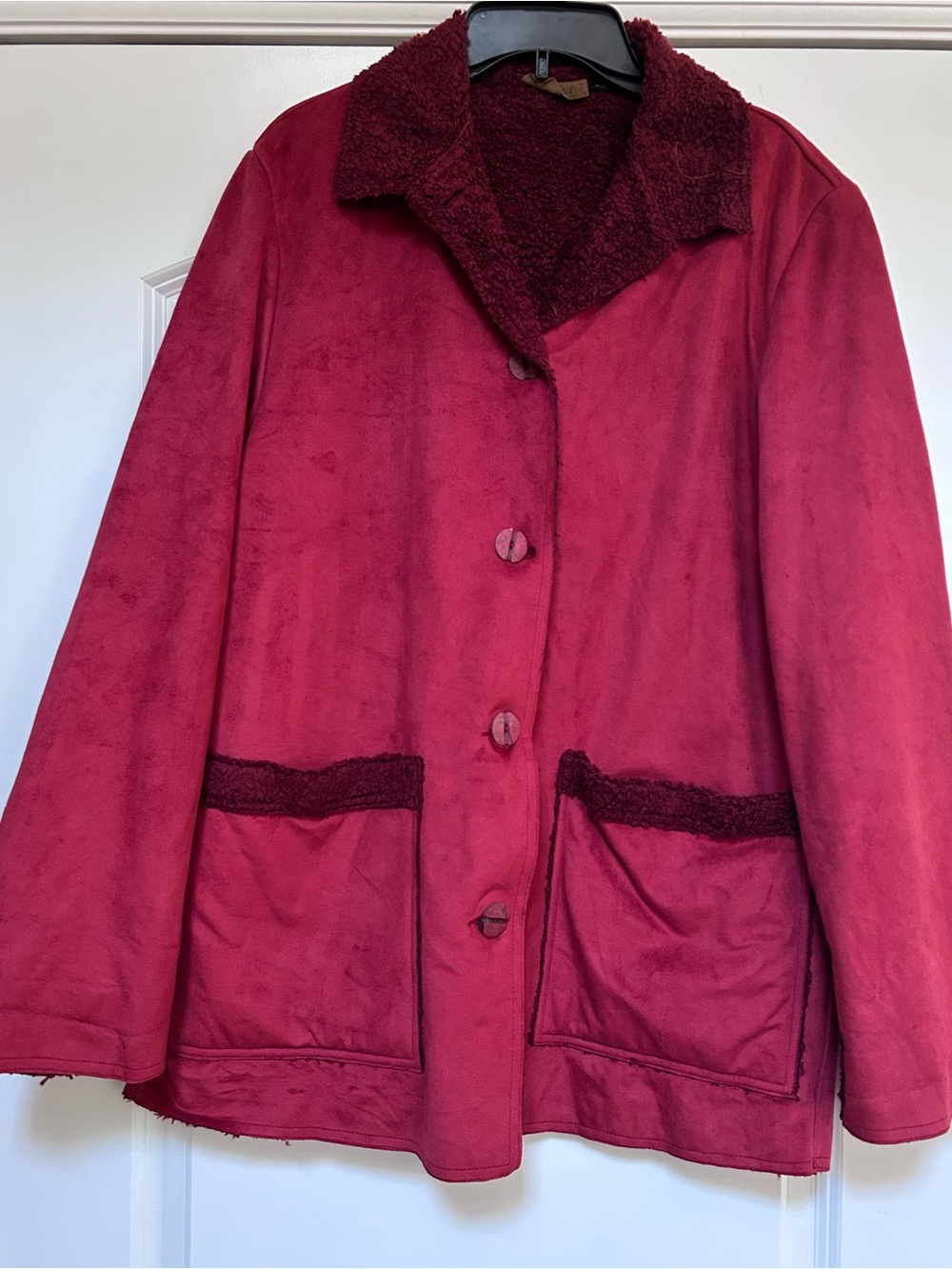 Tsunami Women’s Sz L Jacket Coat Faux Suede Sherpa Lined Button Front Rust Red